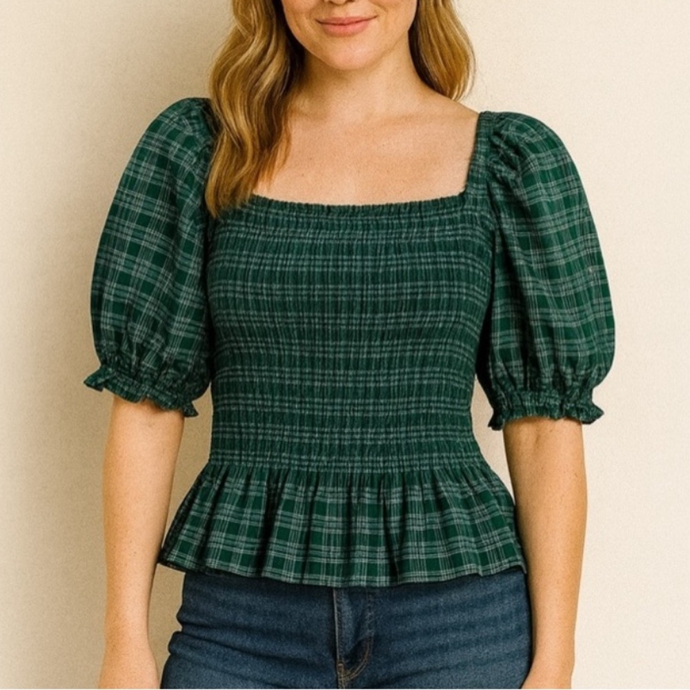 J.Crew Green Plaid Smocked Peplum Top Puff Sleeve Square Neck‎ Women’s Small